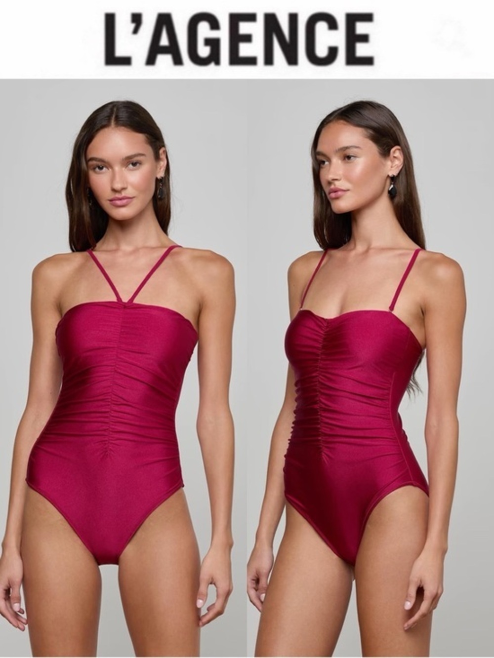 L'AGENCE Aubrey Ruched Shimmer One-Piece BLACK CHERRY Swimsuit, Sz S, $245 NWT